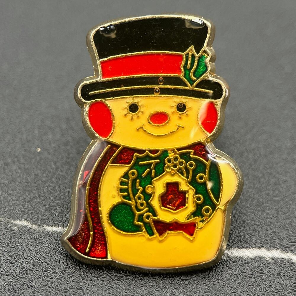 Vintage Gold-Tone Enamel Cute Snowman Adorable Holiday Christmas Lapel Pin
